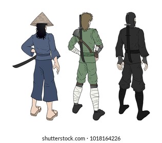 three oriental warriors illustration