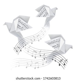
Three Origami doves with musical notes. 
Stylized illustration of paper pigeons on wave with musical notes. Poetic musical motif. Vector available.