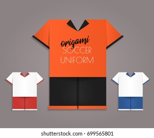 Three Origami soccer uniforms isolated on gray background. Stylish vector illustration. Creative idea for your projects