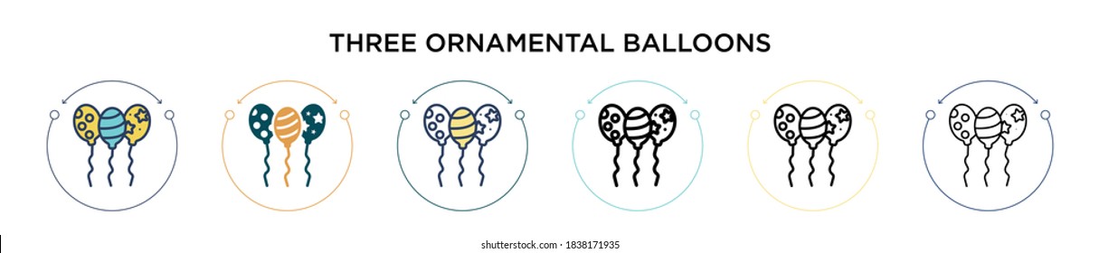 Three ornamental balloons icon in filled, thin line, outline and stroke style. Vector illustration of two colored and black three ornamental balloons vector icons designs can be used for mobile, ui, 