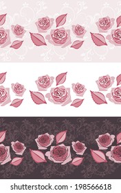 Three ornamental border with blooming stylized pink roses. Vector