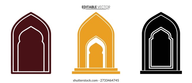Three ornate arched windows in varying colors maroon gold and black are displayed