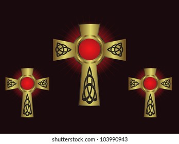 Three ornate gold crosses on a maroon background with highlighted rays