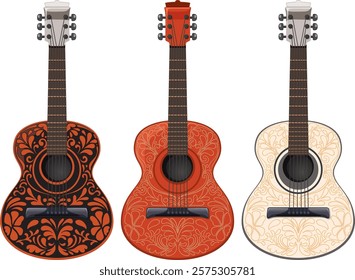 Three ornate guitars with floral designs