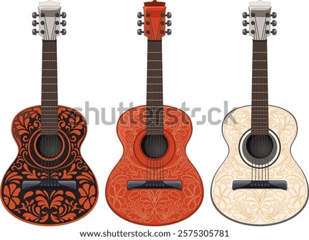 Three ornate guitars with floral designs