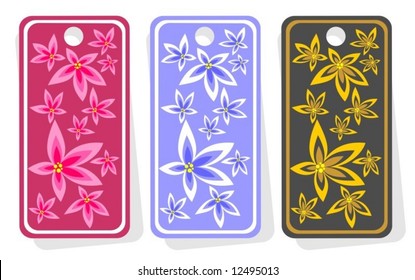 Three ornate price tags with violets isolated on  a white background.