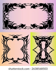 Three ornate vector frames with bold tribal motifs in black, set against colorful gradients. The style is modern tribal tattoo, which remains influential in graphic and poster design trends today.