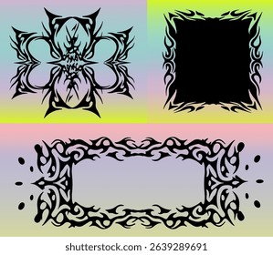 Three ornate vector frames with bold tribal motifs in black, set against colorful gradients. The style is modern tribal tattoo, which remains influential in graphic and poster design trends today.