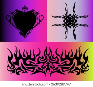 Three ornate vector frames with bold tribal motifs in black, set against colorful gradients. The style is modern tribal tattoo, which remains influential in graphic and poster design trends today.