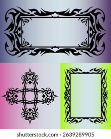 Three ornate vector frames with bold tribal motifs in black, set against colorful gradients. Modern tribal tattoo style.