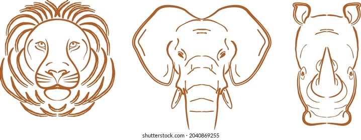 Three out of five of Africa's famous Big 5 animals, illustrated using line based vector. svg