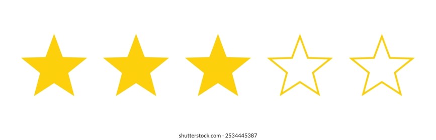 Three out of five stars customer product review icon. Yellow 3 star rating feedback for website, app, ui design. Vector illustration.