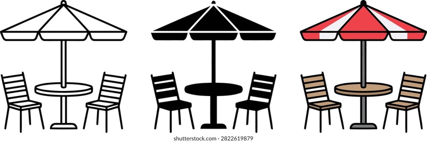 Three outdoor caf setups each featuring a round table with two chairs and a distinct umbrella style isolated on transparent background