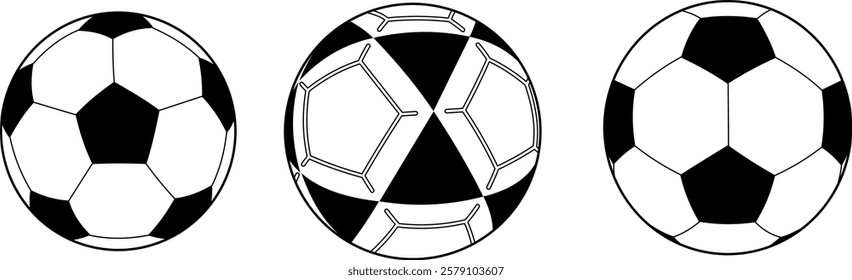 three outline vector illustrations of soccer balls with varying black and white patterns, highlighting different traditional designs
