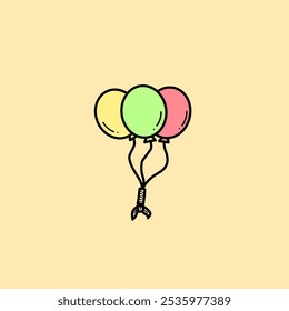 Tres globos delineados en amarillo, verde y rojo, atados juntos sobre un fondo amarillo claro.