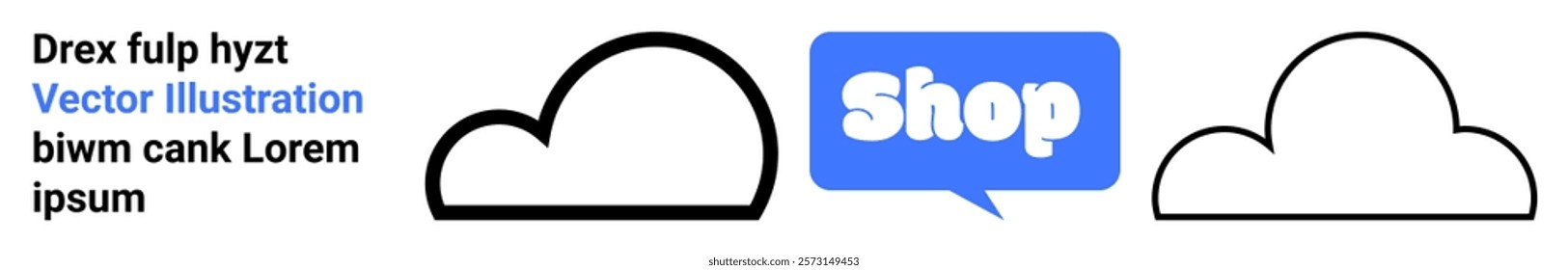 Three outlined cloud shapes with a blue speech bubble containing the word Shop and placeholder text at the left side. Ideal for online stores, marketing, advertising, weather, technology. Banner