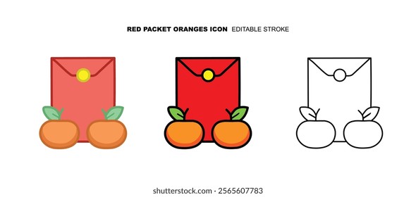 Three outlined editable stroke vector icons of Chinese New Year red packets ang bao, a pair of mandarin oranges. Minimalist and clean design for greeting cards, posters, social media, and websites.