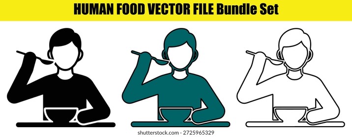 Tres personas delineadas comiendo con cucharas de cuencos en blanco y verde azulado negro