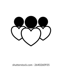 Three outlined person icons with hearts, symbolizing friendship, love, support, and positive relationships. Ideal for concepts of community, partnership, or emotional bonds