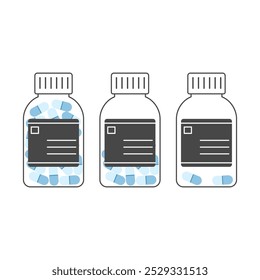 Three outlined pill bottles with blue capsules, arranged side by side in a simple vector style