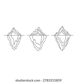 Three outlines of icebergs demonstrating their visible tops and extensive hidden parts beneath the water, symbolizing unseen challenges or depth.