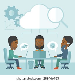 Three outstanding black employees discussing and sharing brilliant ideas, gathering information, preparing for their marketing plan presentation using their laptops. Teamwork concept. A Contemporary
