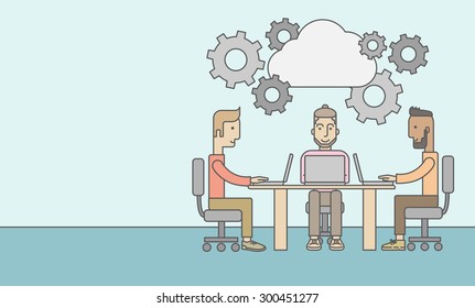 Three outstanding caucasian employees discussing and sharing brilliant ideas, gathering information, preparing for their marketing plan presentation using their laptops. Teamwork concept. A