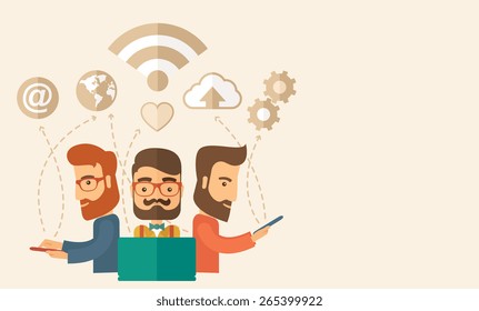 Three outstanding hipster Caucasian employees with beard discussing and sharing brilliant ideas, gathering information, preparing for their marketing plan presentation using their tablets