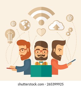 Three outstanding hipster Caucasian employees with beard discussing and sharing brilliant ideas, gathering an information, preparing for their marketing plan presentation using their tablets