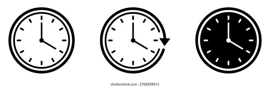 Three oval clocks are displayed. One is a line drawing, another has a circular arrow, and the third is a silhouette.
