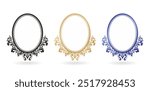 three oval frames with ornate decorative designs isolated white backgrounds for paintings, mirrors or photo, paper craft printable designs, wedding invitation emblem cover, stationery design materials