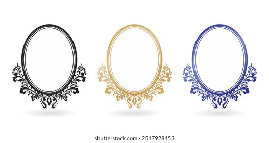 three oval frames with ornate decorative designs isolated white backgrounds for paintings, mirrors or photo, paper craft printable designs, wedding invitation emblem cover, stationery design materials