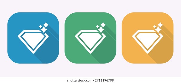 Drei ovale Symbole mit einem Diamanten mit funkelnden Farben in Blau-Grün und Orange