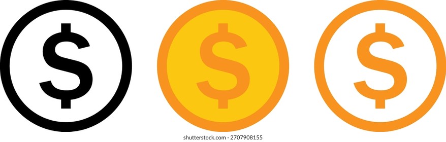 Three oval shapes representing coins, each with a dollar sign. One is black, one is gold, and one is orange.