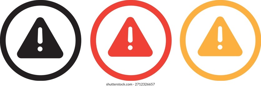Tres señales de advertencia ovaladas con signos de exclamación en el interior, en negro, rojo y amarillo, que representan diferentes niveles de alerta.