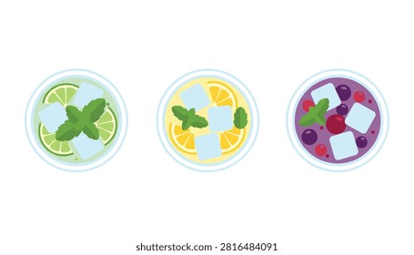 Three overhead views of refreshing fruit cocktails with ice cubes and fresh mint leaves in clear glasses on a white surface.