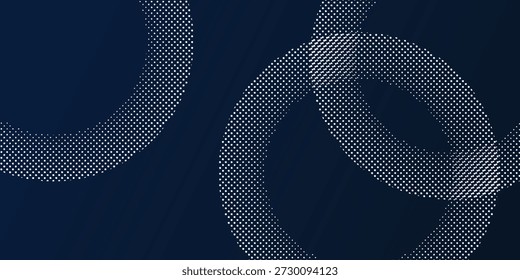 Três esferas azuis abstratas sobrepostas com uma sutil textura de meio-tom na esfera direita, definidas contra um fundo azul escuro.