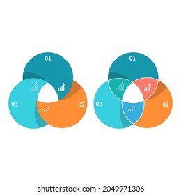 Three overlapping circles infographic. Venn diagram slide template vector illustration. 