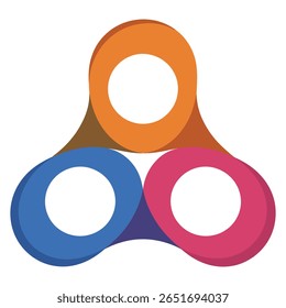 Trois cercles se chevauchant en bleu orange et rose avec un élément de connexion marron créent une forme triangulaire sur fond blanc