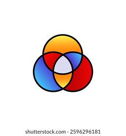 Three overlapping circles in vivid gradients create a dynamic venn diagram. central mix shows unity.