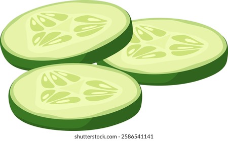 Three overlapping cucumber slices resting on a white background, revealing their juicy flesh and tiny seeds, create a refreshing and vibrant visual perfect for healthy eating