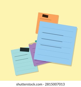 Three overlapping documents in blue, purple, and orange with black tabs, arranged in a casual stack.