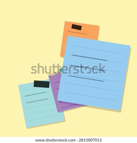 Three overlapping documents in blue, purple, and orange with black tabs, arranged in a casual stack.