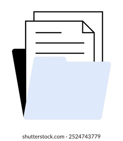 Three overlapping documents with a light blue folder indicate document organization, filing, and data storage. Ideal for office, data management, business administration, paperwork organization