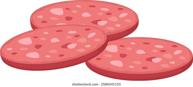 Three overlapping slices of bologna sausage create a visually enticing arrangement on a clean white background, highlighting the pink color and smooth texture of this classic delicatessen meat