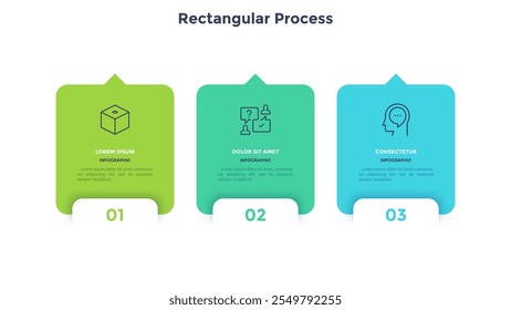 Tres cartas superpuestas con flechas colocadas en fila Horizontal. Concepto de 3 etapas del proceso de gestión estratégica. Plantilla de diseño infográfico plano moderno. Ilustración vectorial simple para la presentación.