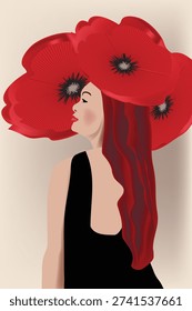Three oversized poppies are worn as a hat by a redhaired woman.