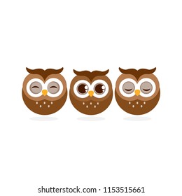 Three owl cartoon vector illustration, isolated on a white background