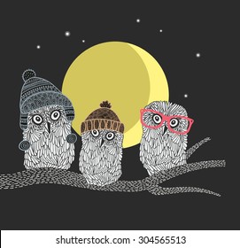 Three owl friends on the tree in the night forest. Birds with warm hats of scandinavian style. Vector illustrations.