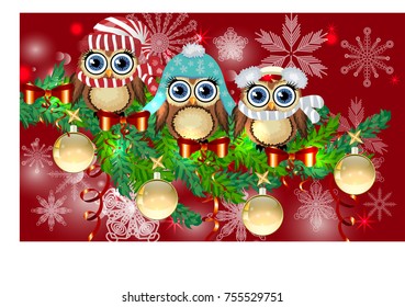 Three owls in caps, scarves, headphones on a spruce branch decorated with balls, garlands. Christmas card